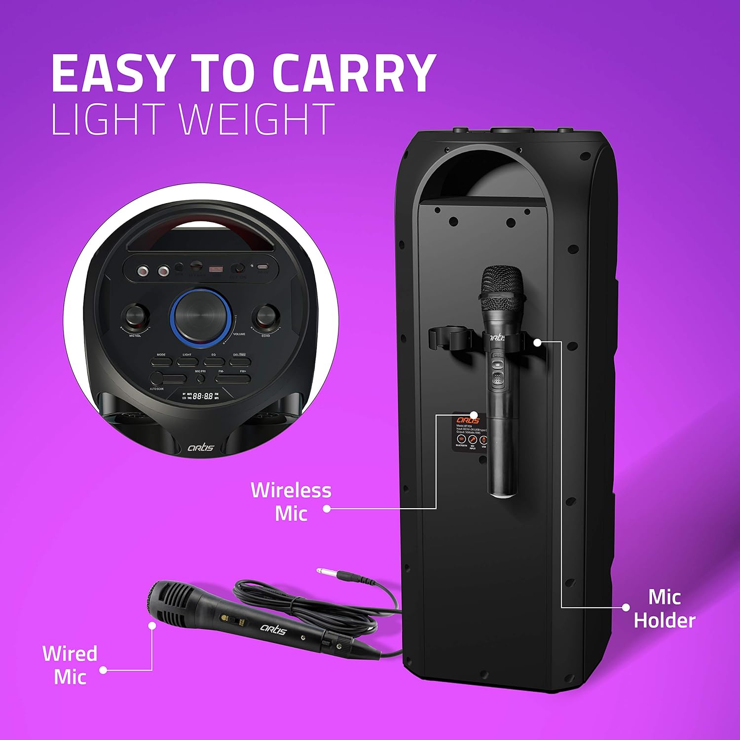 Artis BT700 Wireless Bluetooth Super Bass Portable Party Speaker with RGB Lights, Wireless Mic, Remote Control, FM Radio & Aux in/USB/TF Card Reader Input (50W RMS Output) - Image 7