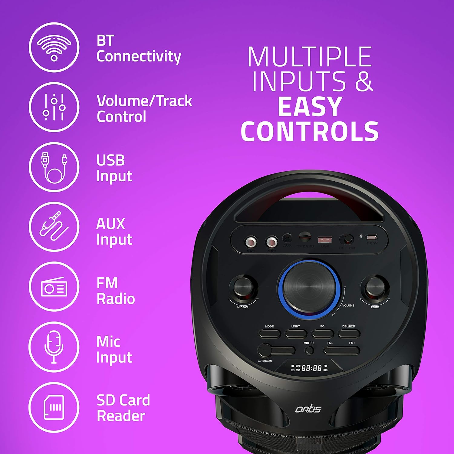 Artis BT700 Wireless Bluetooth Super Bass Portable Party Speaker with RGB Lights, Wireless Mic, Remote Control, FM Radio & Aux in/USB/TF Card Reader Input (50W RMS Output) - Image 3