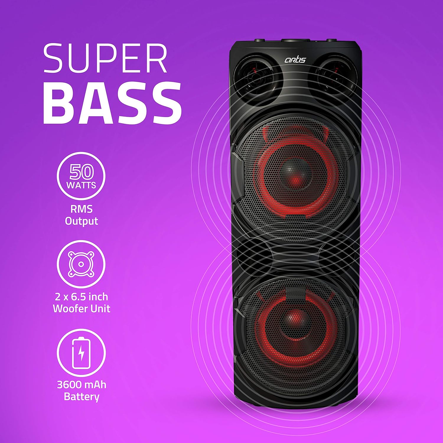 Artis BT700 Wireless Bluetooth Super Bass Portable Party Speaker with RGB Lights, Wireless Mic, Remote Control, FM Radio & Aux in/USB/TF Card Reader Input (50W RMS Output) - Image 4